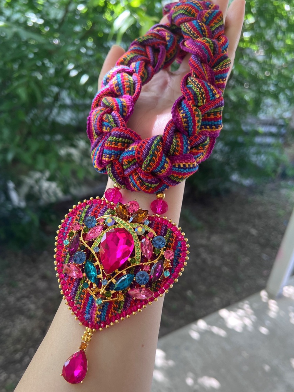 Vibrant Multicolor Braided Necklace with Hot Pink Jeweled Heart Pendant